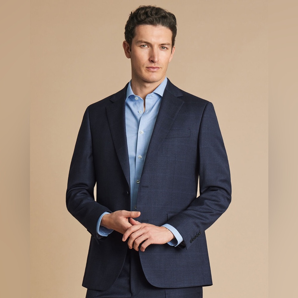 indigo blue check linen slim fit jacket